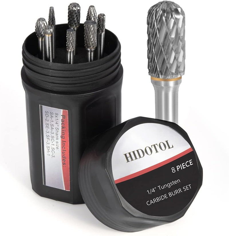 HIDOTOL Carbide Burr Set 1/4" Shank 8PC Tungsten Double Cut Carbide Rotary Burr Set for Metal and Wood Carving, Grinding, Polishing, Engraving, Drilling in Sturdy Round Case. - Image 1